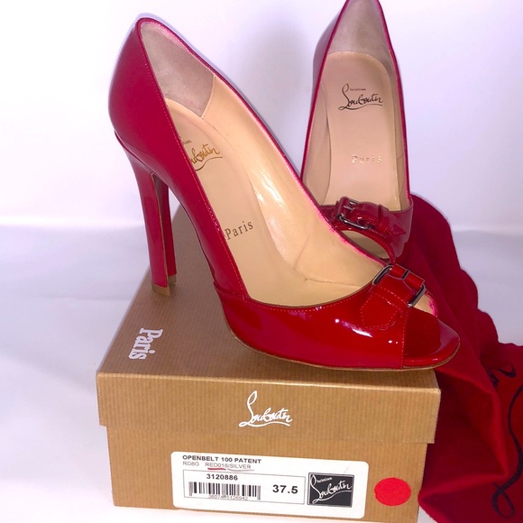 NEW Louboutin buckle Peep Toe sexy Red Patent Leather Pumps heels 💯 Authentic - Picture 4 of 11